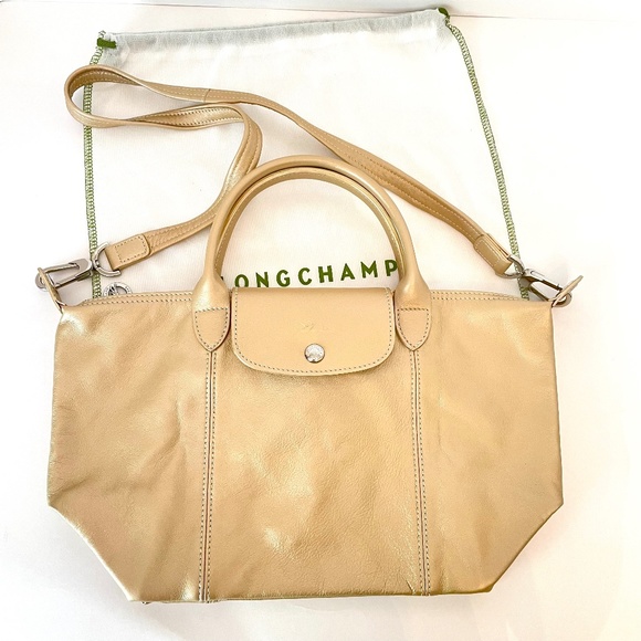 Longchamp Le Pliage Cuir Lambskin Platinum Gold Handbag small Classic - Picture 1 of 16